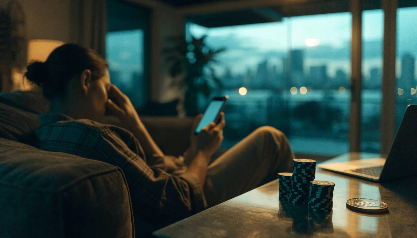 Person on sofa with smartphone, NZ$2 coin and casino chips on table, New Zealand apartment at dusk