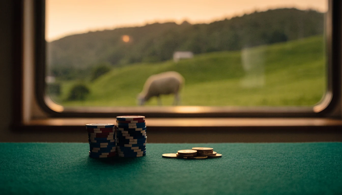 Casino chips and gold coins on green felt with New Zealand hills in background