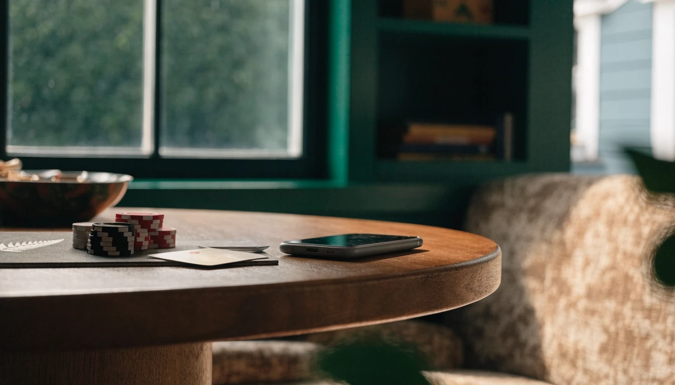 Casino chips, a playing card, and a face-down smartphone on a table in a New Zealand home.