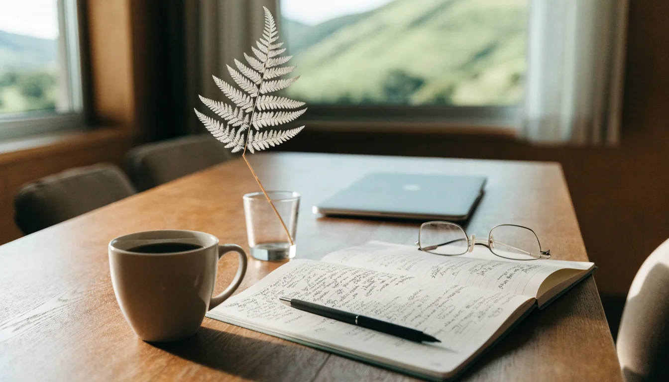New Zealand home office desk with notebook, coffee, and silver fern by a window