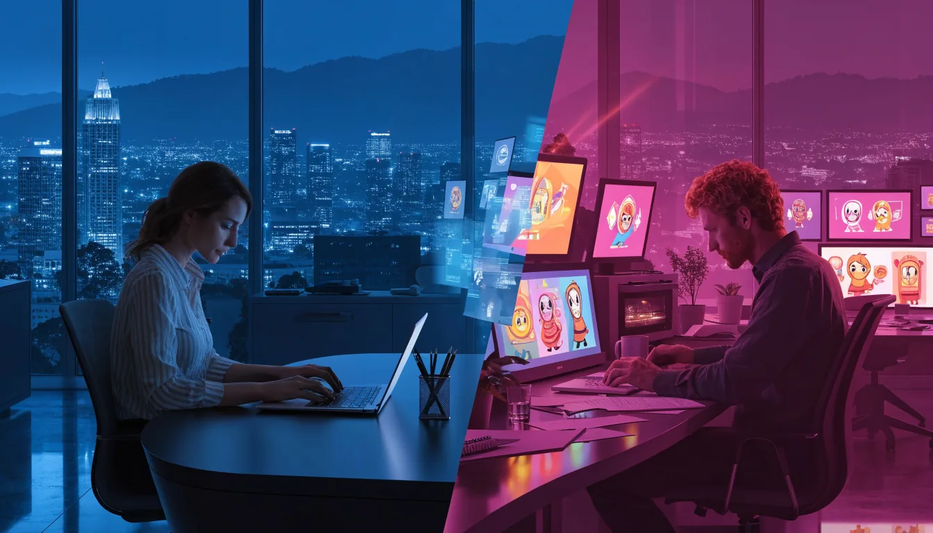 Split illustration of a casino operator and a game developer working in a modern New Zealand studio.