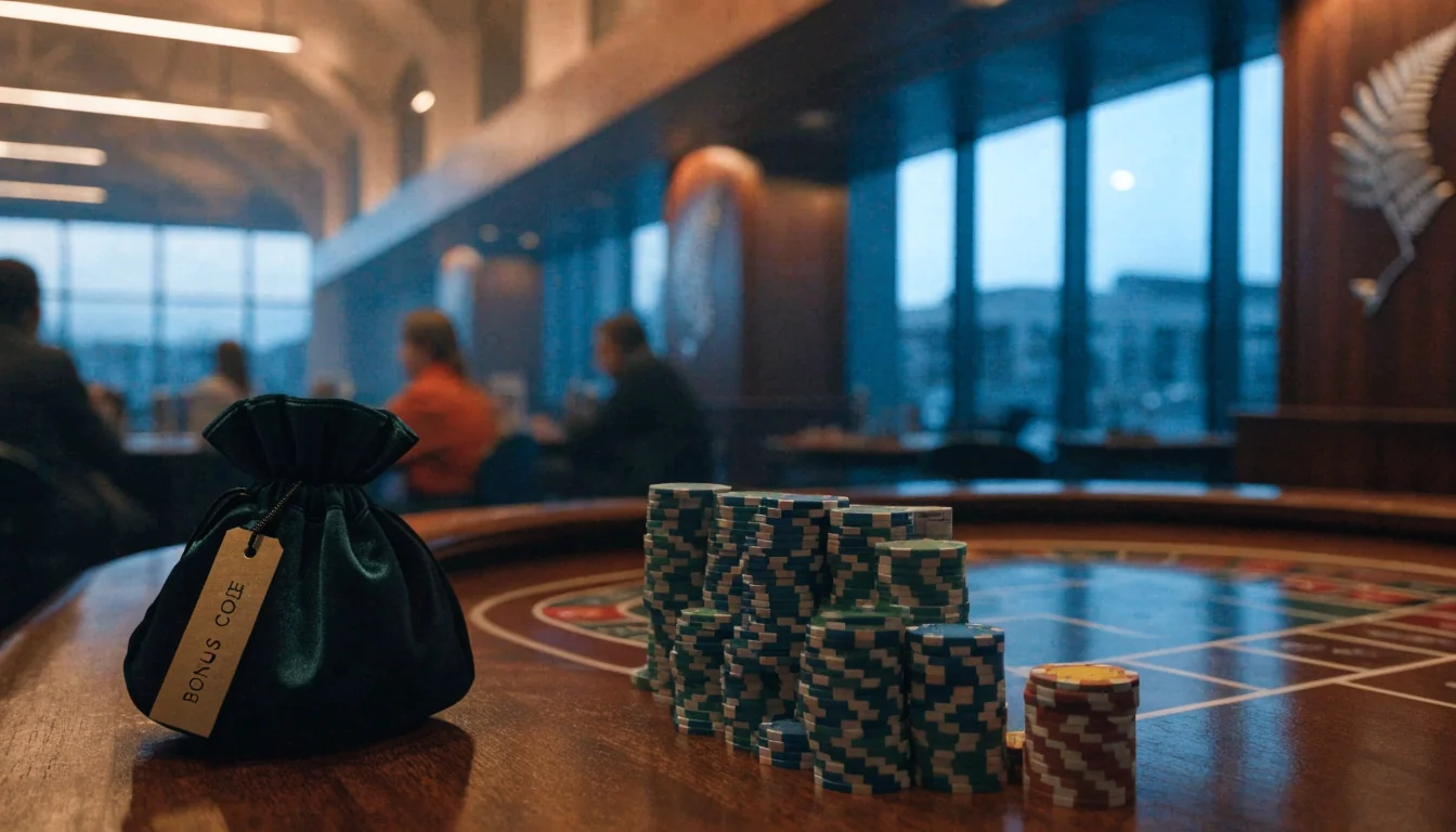 Casino chips and roulette table in a New Zealand casino interior at dusk