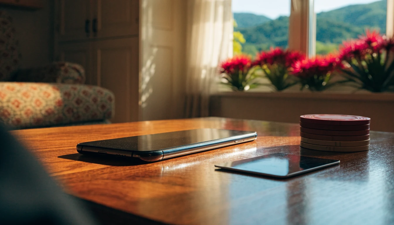 Smartphone on a wooden table with e-wallet card and casino chips in a New Zealand home