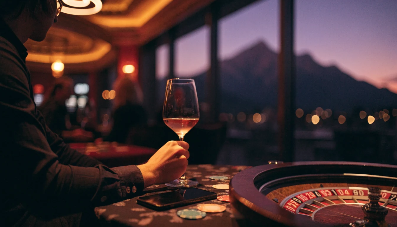 New Zealand casino lounge with chips, roulette wheel, and face-down smartphone at dusk