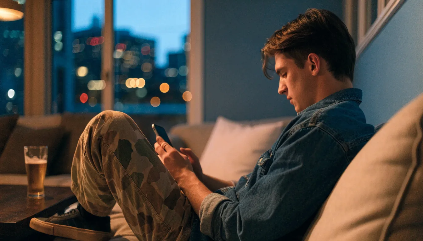 Man relaxing with smartphone at home in New Zealand playing online slots