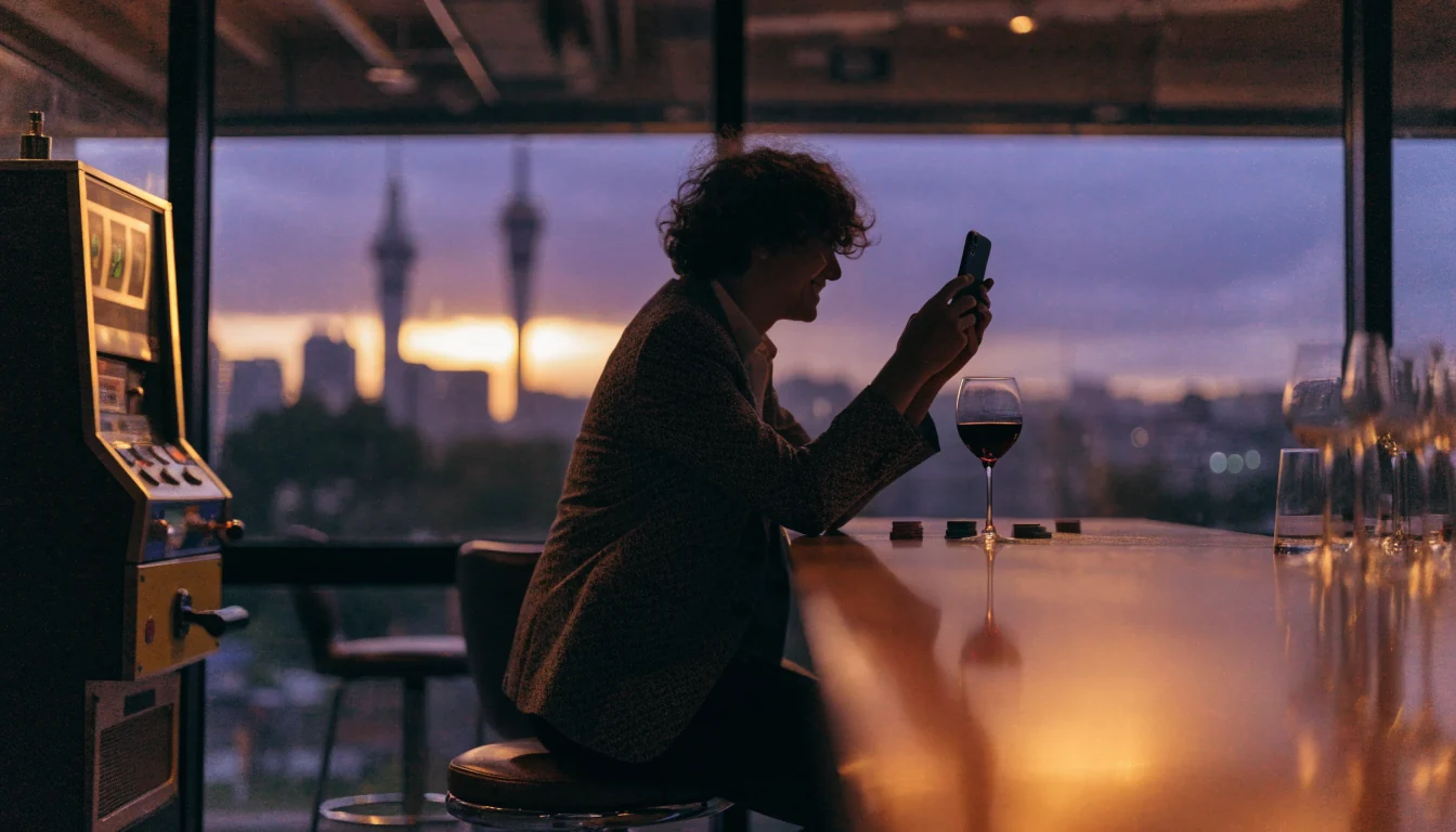 New Zealand lounge with a pokie machine, Auckland skyline at dusk