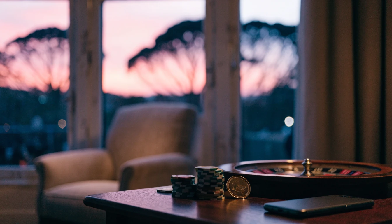Casino chips and a small roulette wheel on a lounge table in a New Zealand home at twilight.