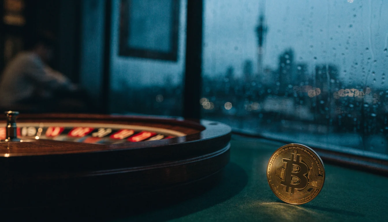 Roulette wheel with a Bitcoin coin on a table, Auckland skyline in the background