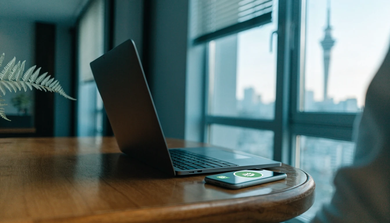Laptop and Bitcoin phone on Auckland apartment desk with silver fern plant and city view.