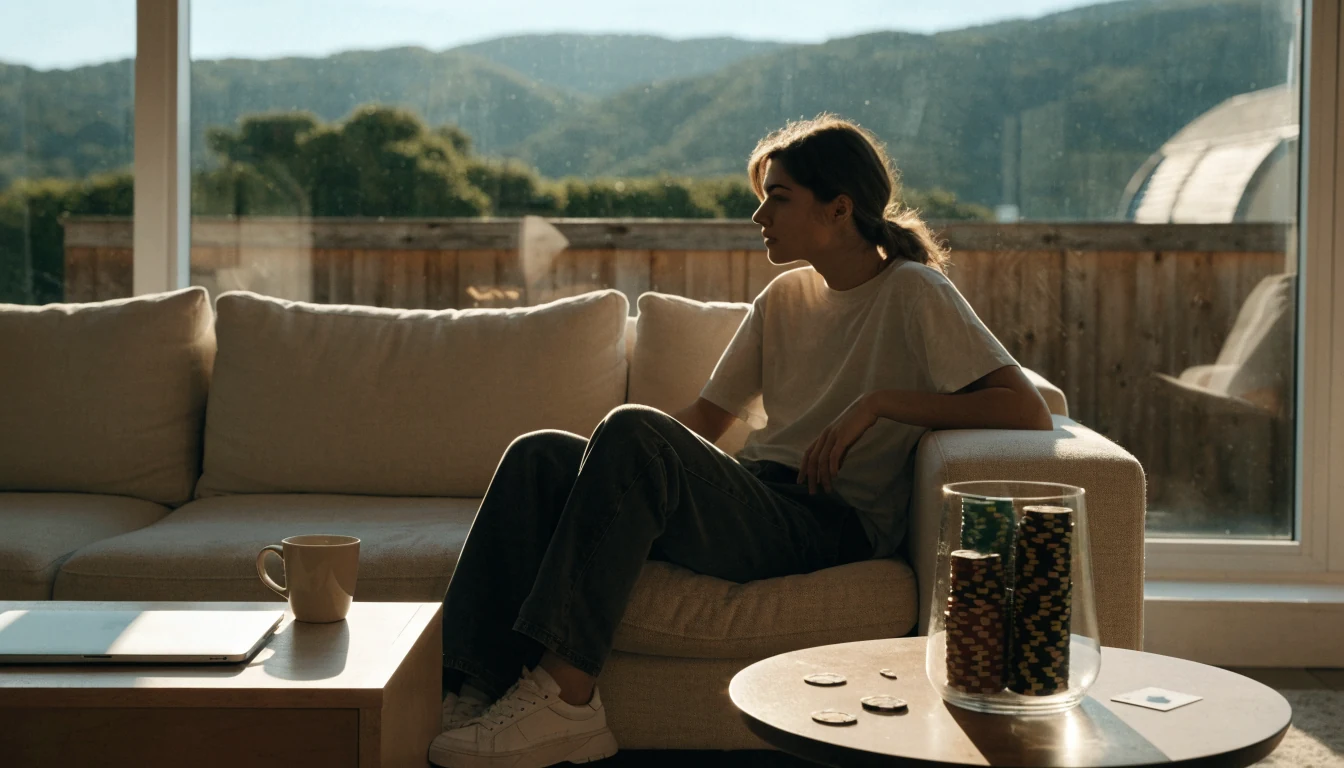 Relaxed person in a New Zealand apartment with casino chips on the table