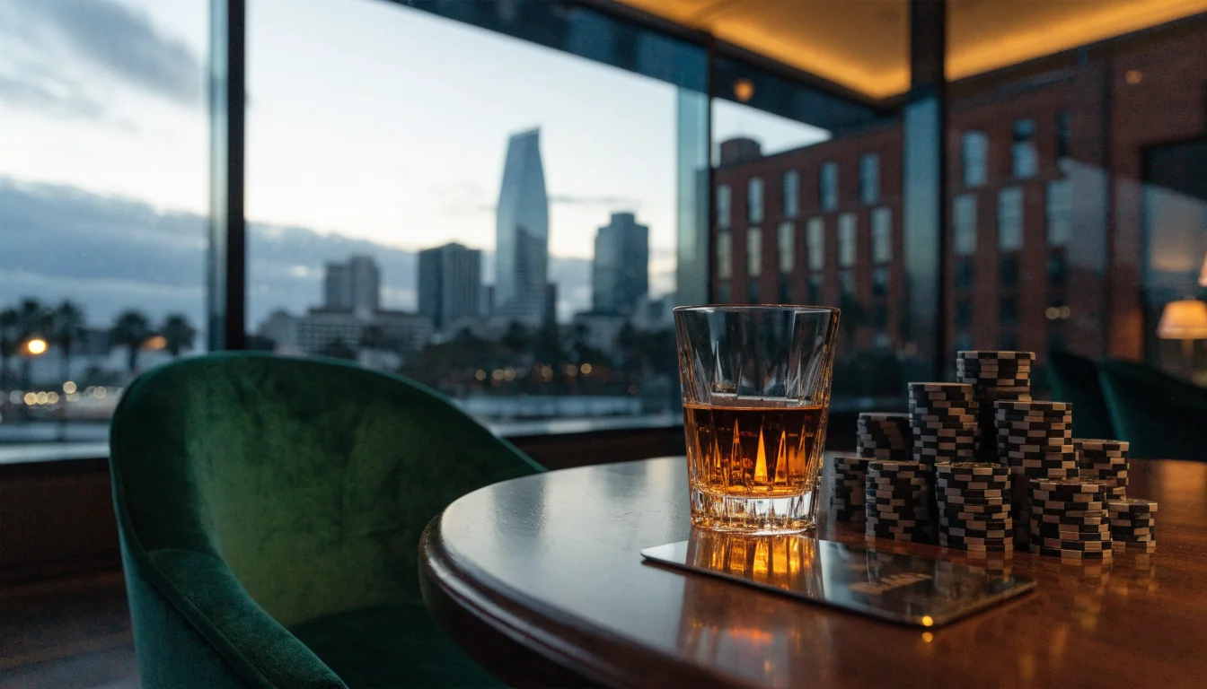 Elegant casino VIP lounge scene with chips, membership card, and Auckland skyline view