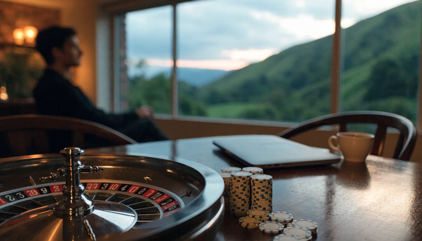 Casino chips and roulette wheel on a table with New Zealand hills view