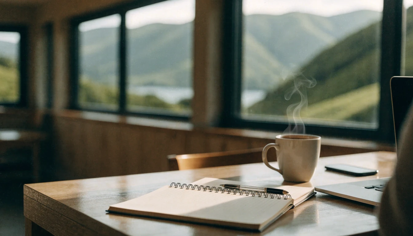 Notebook, coffee, and laptop on a New Zealand desk near a window.