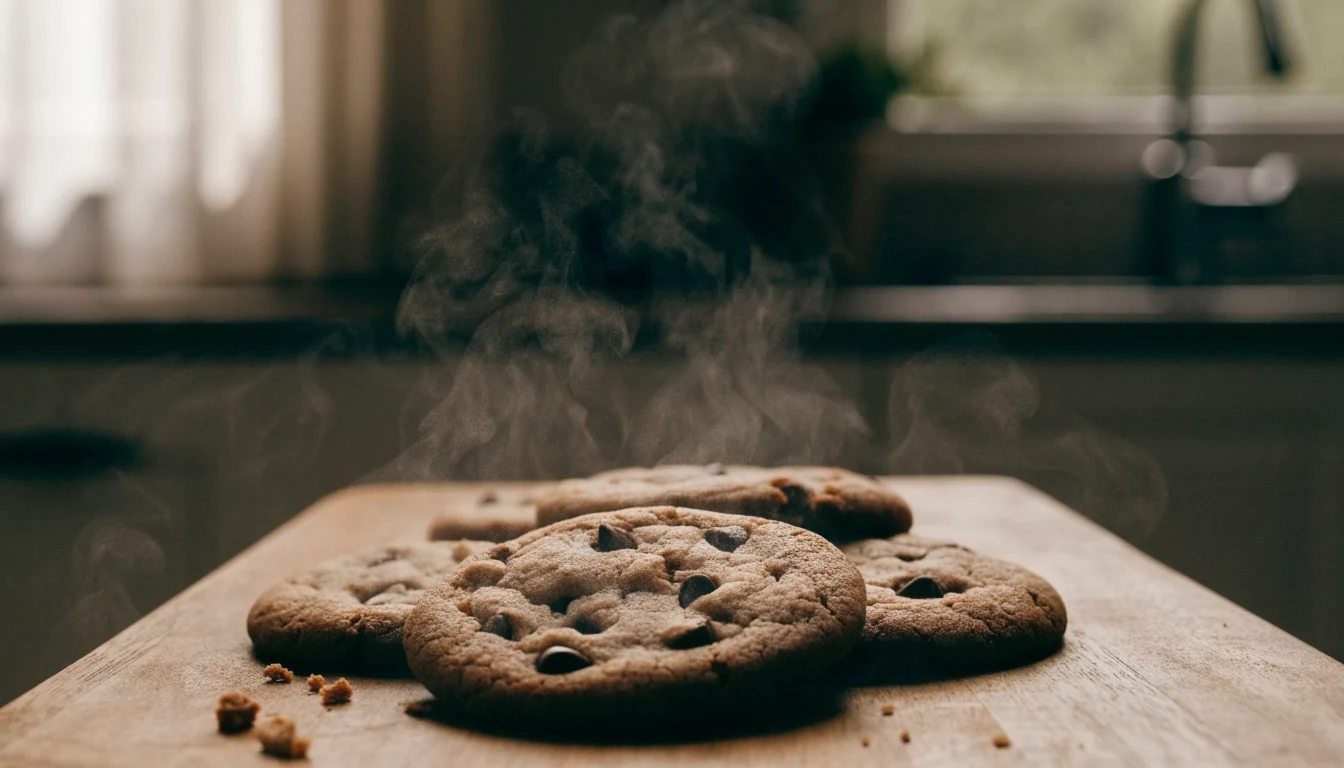 Freshly baked chocolate chip cookies on a wooden board