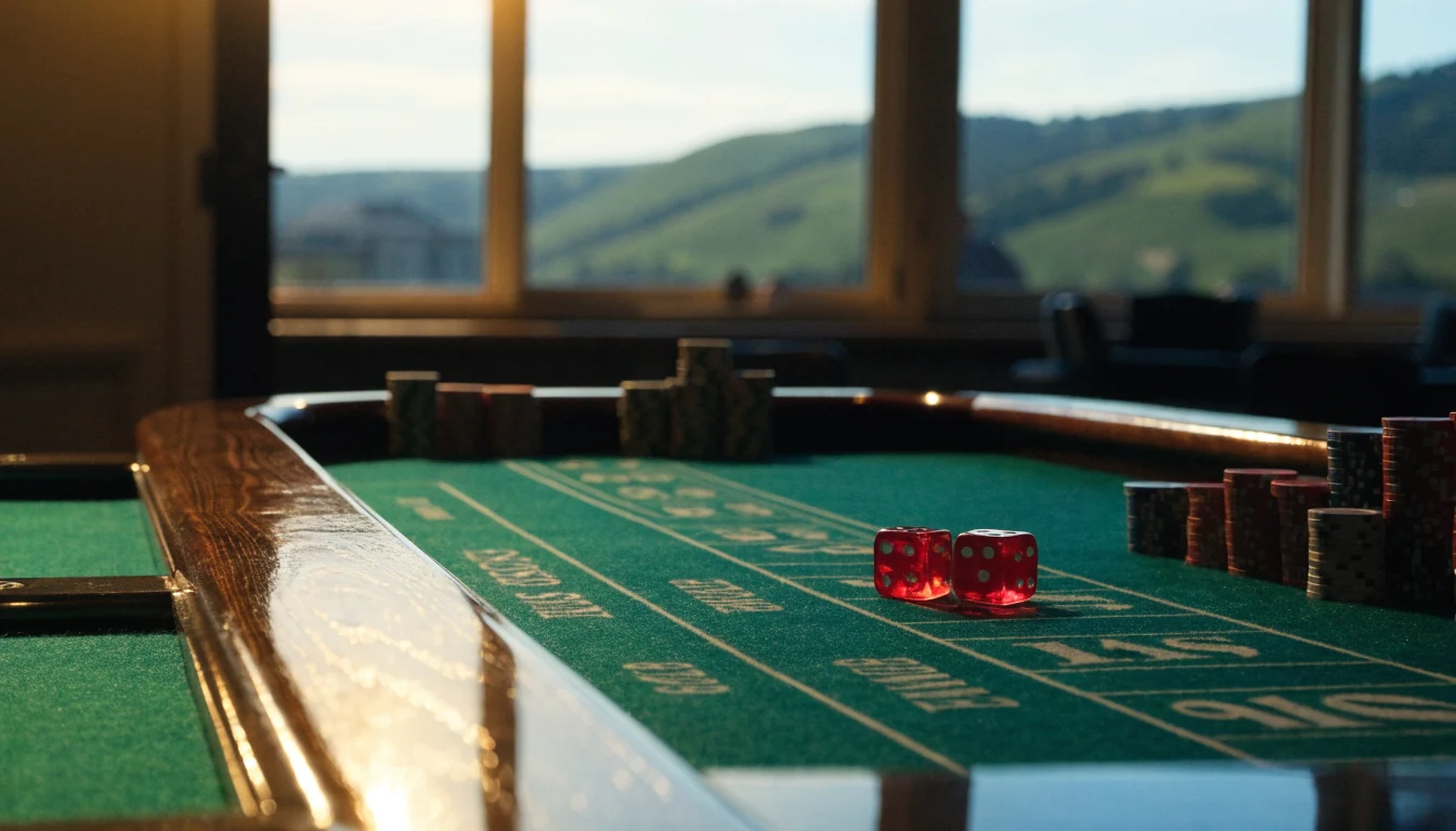 Craps table with chips and dice, New Zealand landscape in background