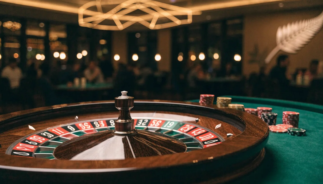 European roulette wheel with chips on a casino table in New Zealand