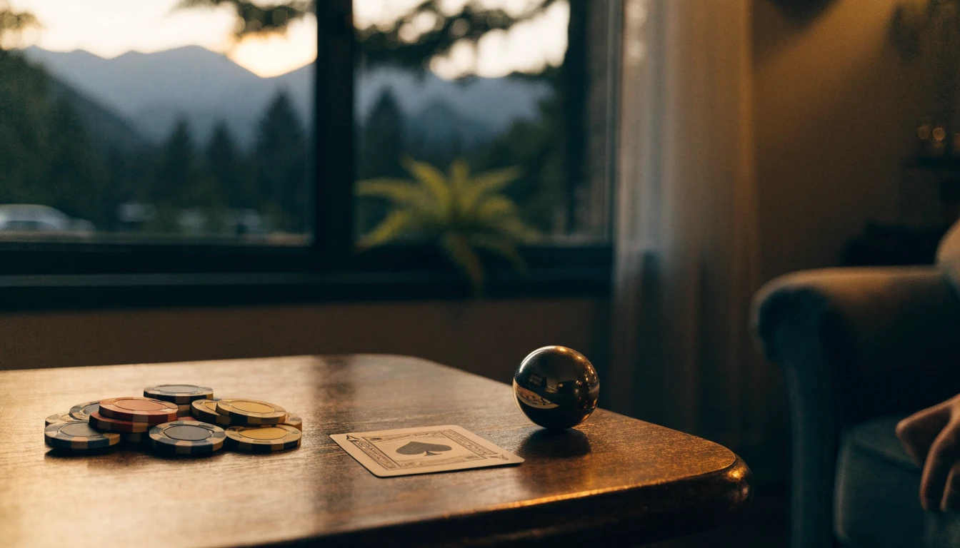 Casino chips and a card on a table in a New Zealand lounge
