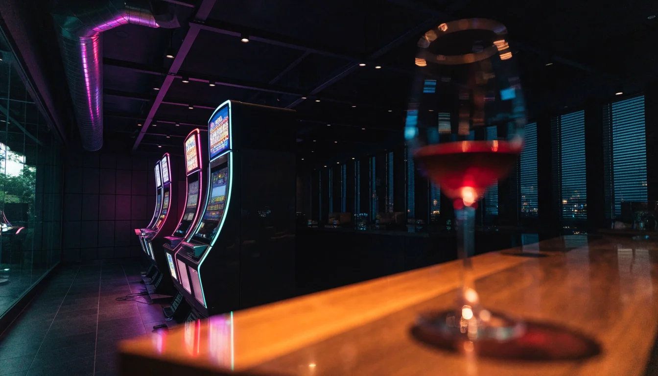Modern casino slot machines glowing in a New Zealand lounge at night
