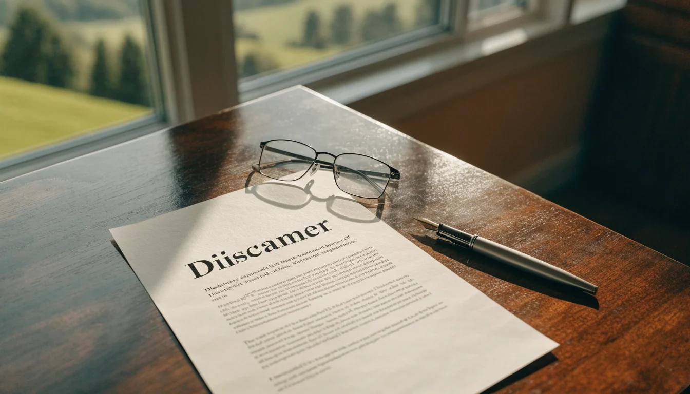 Printed disclaimer document on wooden desk with reading glasses, New Zealand landscape in background