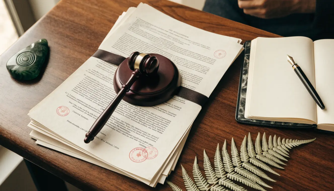 Legal documents, brass gavel, pounamu pendant, and silver fern on a wooden desk