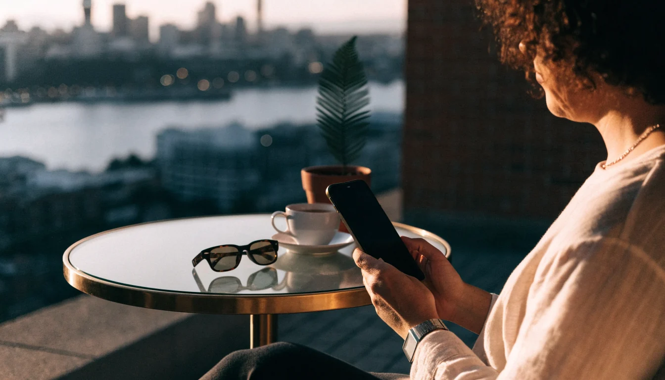 Person in Auckland using smartphone on balcony with harbor view