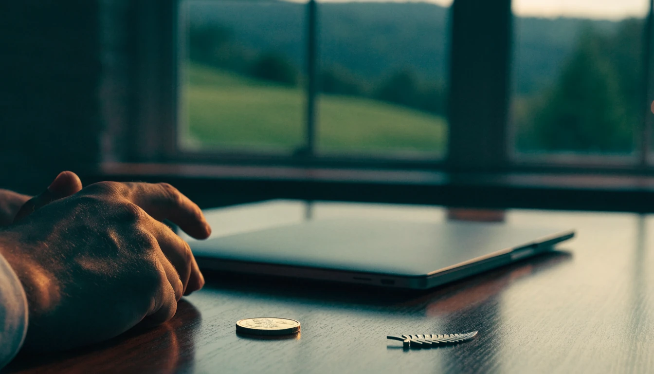 Hands beside a closed laptop with a gold coin, New Zealand countryside view through the window.
