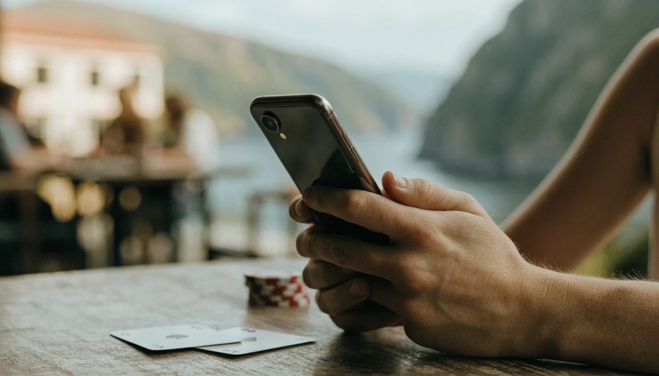 Hands holding a smartphone at a New Zealand coastal café table with playing cards and chips nearby.