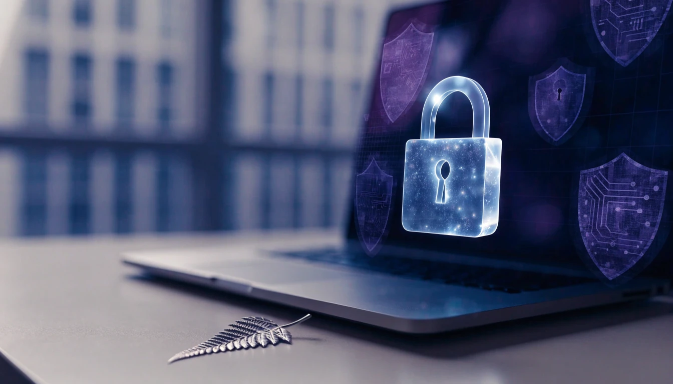 Glowing padlock above a laptop with digital shields, symbolizing online privacy protection.
