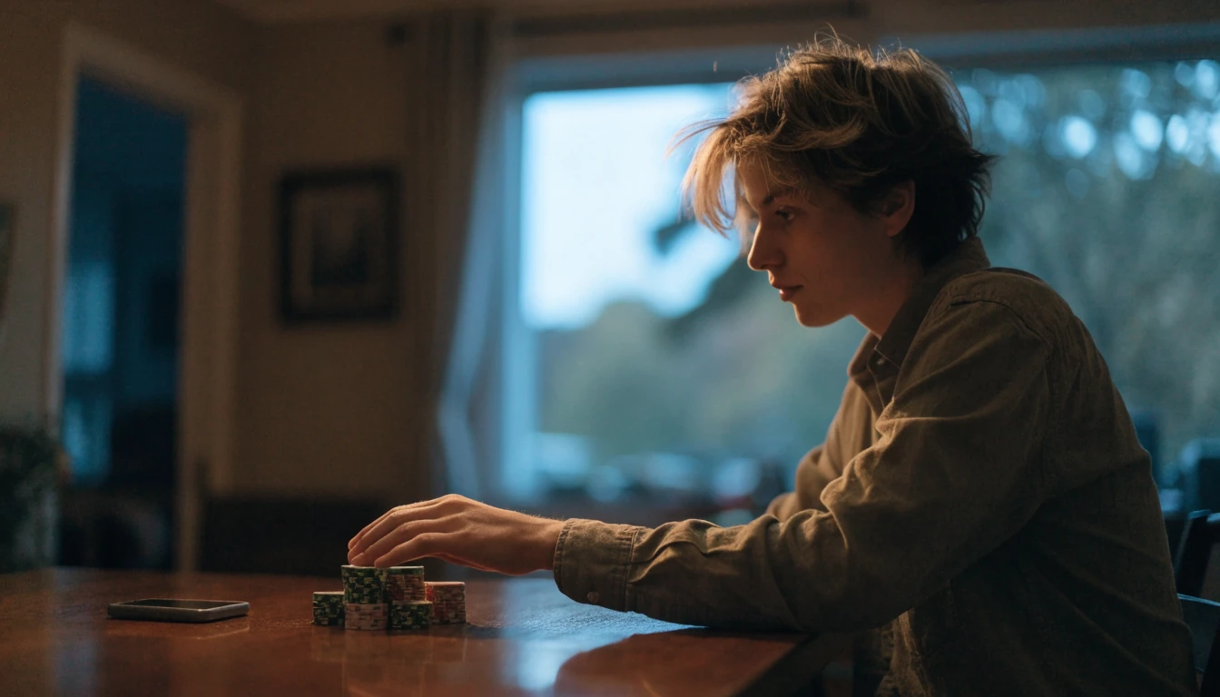 Person pushing away casino chips at a dimly lit table, choosing to stop gambling