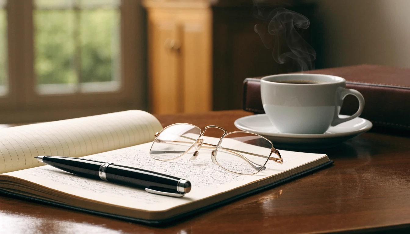 Notebook, glasses and coffee on a desk beside a closed folder, suggesting legal terms documentation.